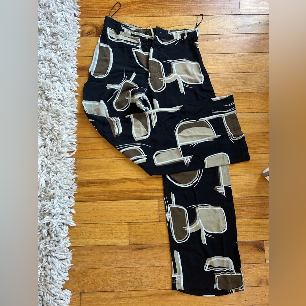 Zara Black Trousers with Beige & Brown Abstract Trim